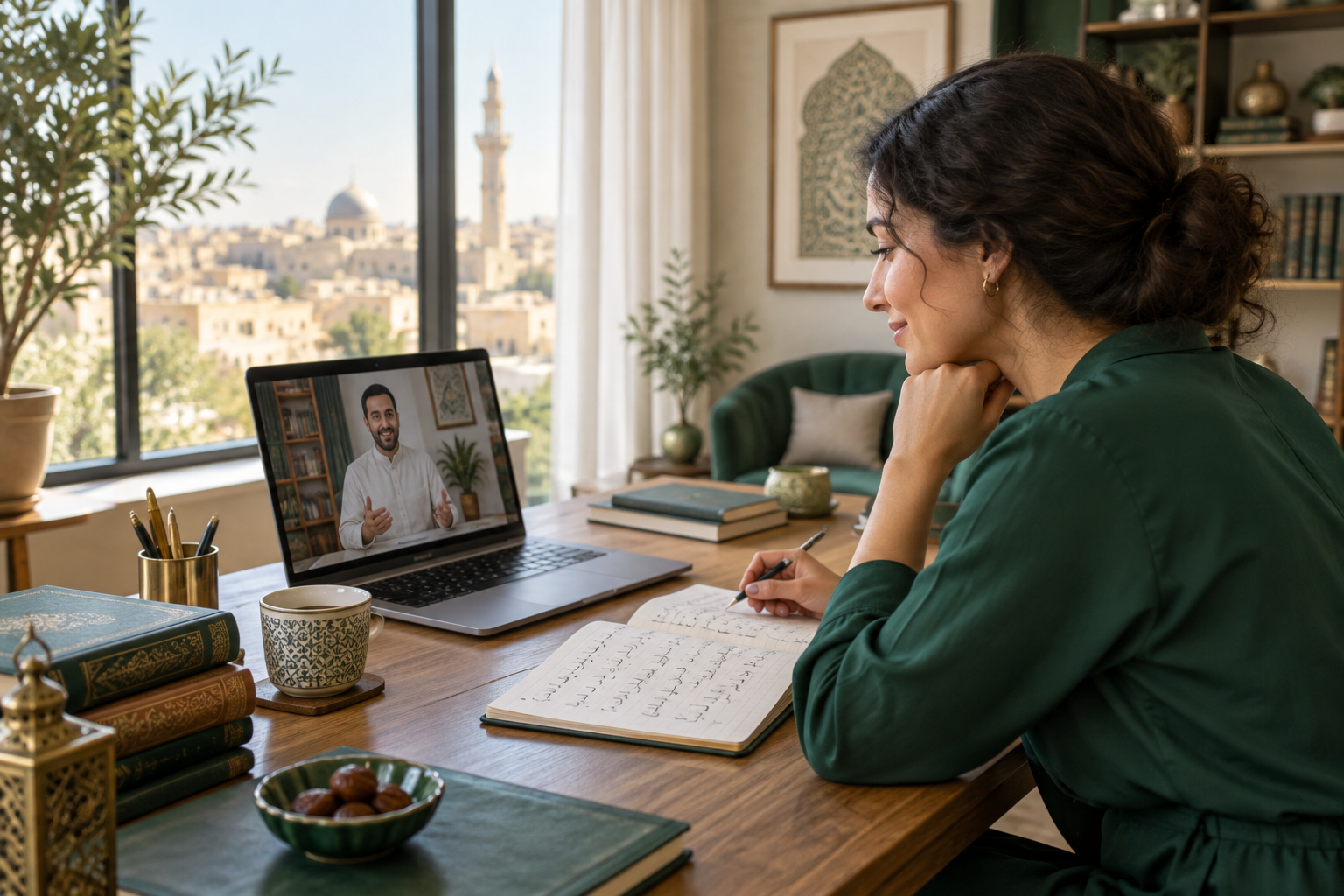 Student learning Arabic online