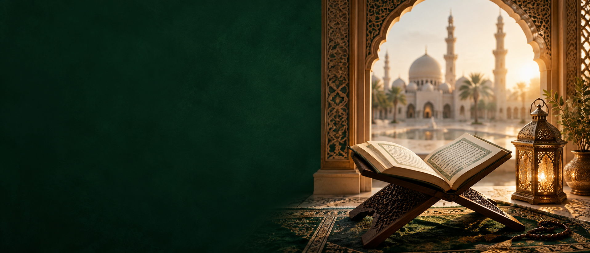 Open Quran beside a lantern in an Islamic arch
