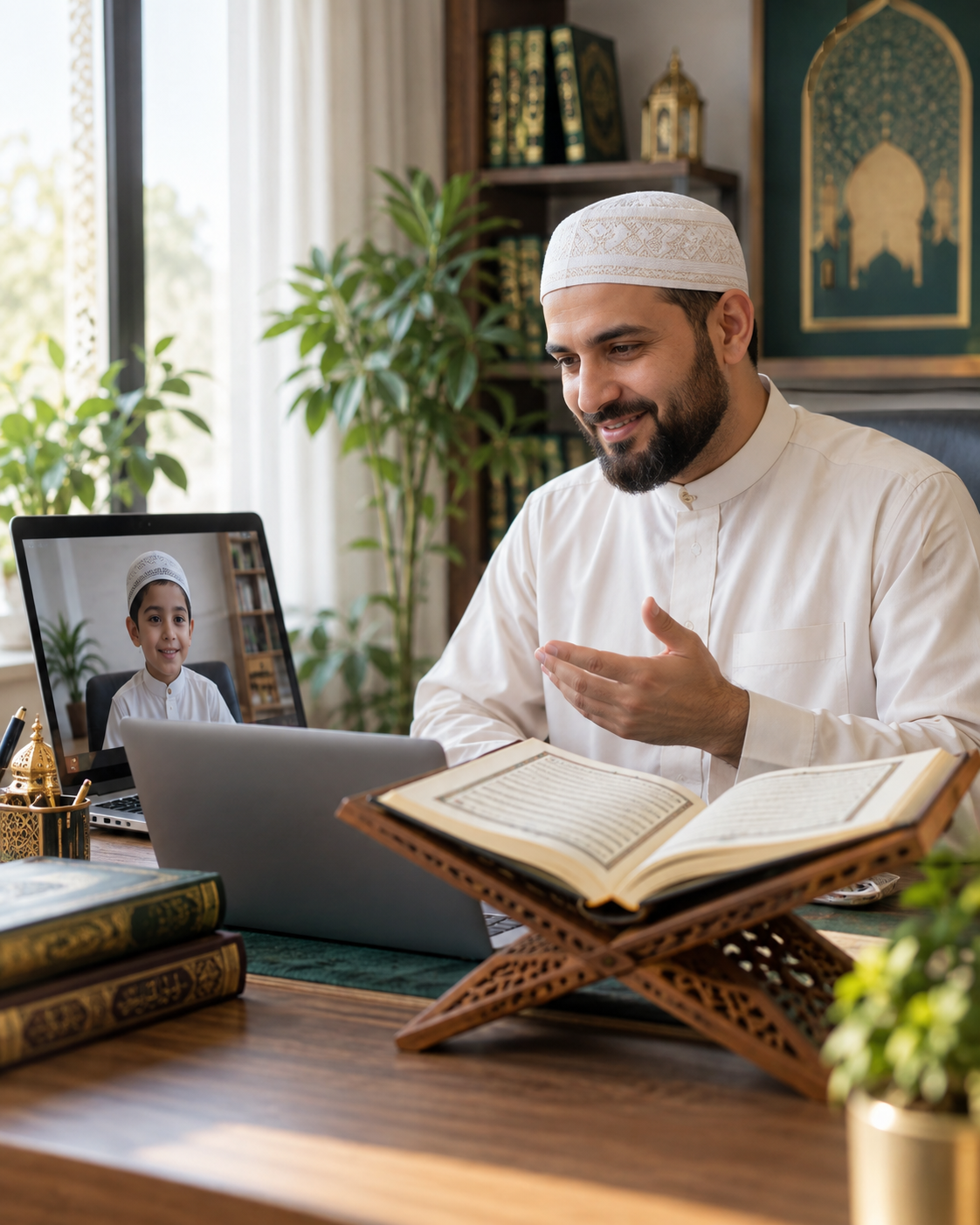 Quran teacher conducting a live online class